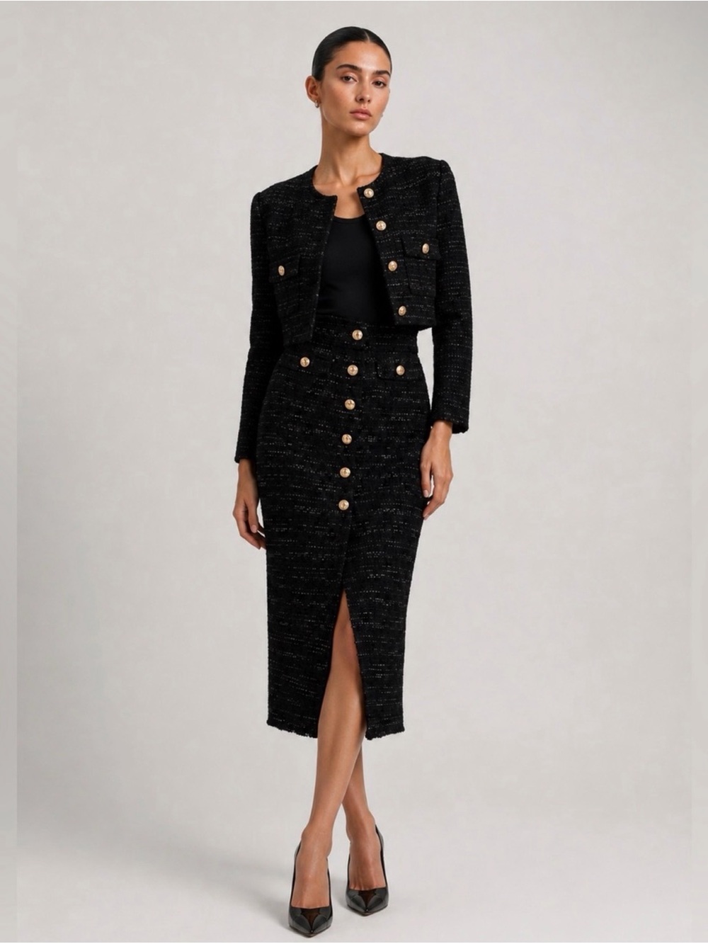 Zara Black Tweed Midi Skirt with Gold Buttons